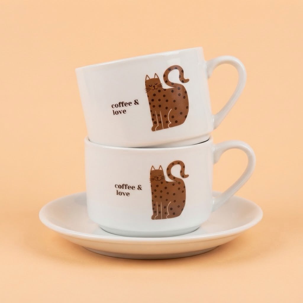 Bela šoljica sa crtežom mačke, natpis coffee & love